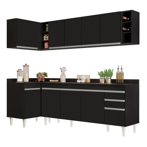Armário de Cozinha Modulado de Canto Direito 5 Peças Cp44 Balcão com Tampo Preto - Lumil Lumil Móvei