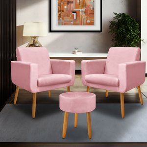 Kit 2 Poltrona Anita +puff Redondo Pés Palito Decorativo-me Ecommerce:rosa
