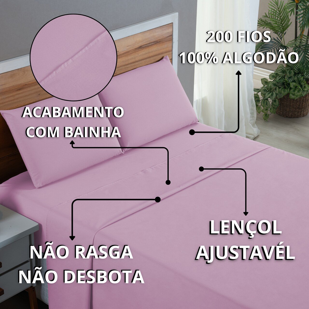 Kit Jogo de Lençol Casal Algodão Percal 200 Fios 4 Peças Tecido Grosso e Macio:rosa Bebe - 8