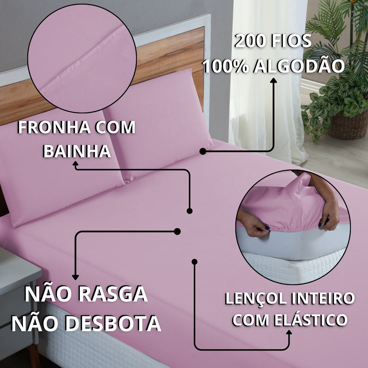 Kit Jogo de Lençol Casal Algodão Percal 200 Fios 4 Peças Tecido Grosso e Macio:rosa Bebe - 9