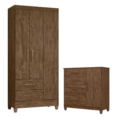 Guarda Roupa Solteiro Lima e Cômoda Vênus com Pés Castanho Wood Flex – Moval