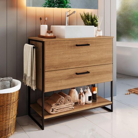 Gabinete para Banheiro com Porta Basculante e Cuba 80 Cm Cor:preto com Mel