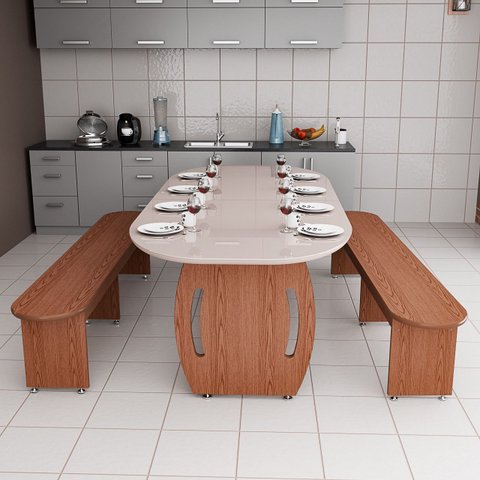 Mesa de Jantar Grande 185cm Tampo de Vidro e 2 Bancos