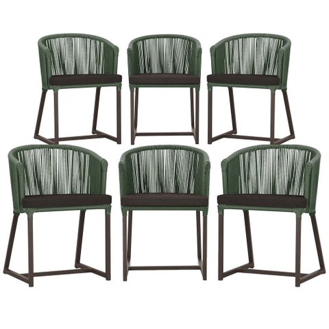 6 Cadeiras de Jantar Área Noronha em Alumínio com Pintura Marrom Corda Náutica Estofado 9 Trama Orig