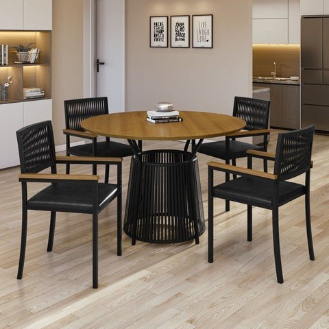 Conjunto Sala de Jantar Mesa Redonda 4 Cadeiras com Braço MDF Roma Preto
