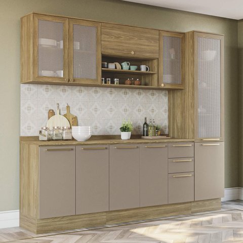 Armário de Cozinha Modulada Completa Reta 7 Peças 2,50m 216 Botanic Kappesberg - Nogueira/fendi