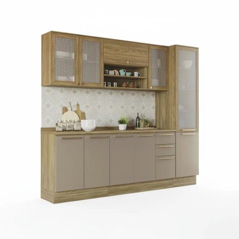 Armário de Cozinha Modulada Completa Reta 7 Peças 2,50m 216 Botanic Kappesberg - Nogueira/Fendi