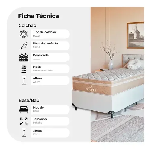 Ver imagem 3 de Cama Box Solteiro + Colchão Paris Molas Ensacadas Bege Couro Branco/bege