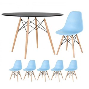 Mesa Redonda Eames 120cm Preto + 5 Cadeiras Azul Claro