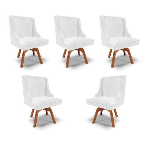 Kit 5 Cadeiras Decorativas Sala de Jantar Base Giratória de Madeira Firenze PU Branco Brilho/Natural