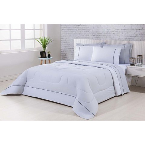 Kit Edredom 100% Algodão Percal 150 Fios Dupla Face Queen + Jogo de Cama 7 Peças Cinza-branco