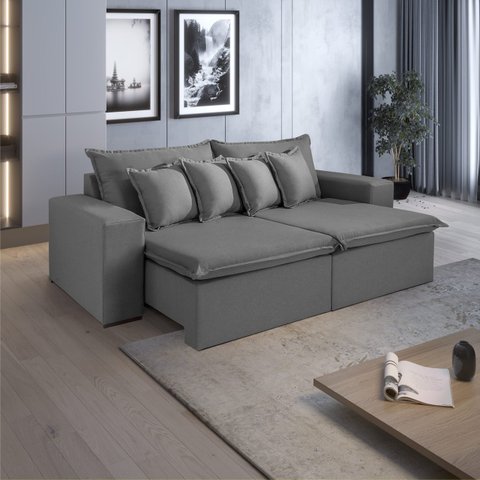 Sofá 2,50 Retrátil Topázio Com Molas Bonnel 4 Lugares Fabri Decor:Cinza