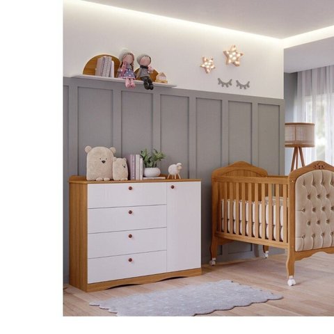 Quarto de Bebê 2 Peças com Berço Capitonê Cômoda 4 Gavetas Aquarella Espresso Móveis Bege/Nature/Branco
