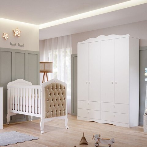 Quarto de Bebê 2 Peças com Berço Capitonê e Guarda-Roupa 4 Portas 4 Gavetas Aquarella Espresso Móvei Branco