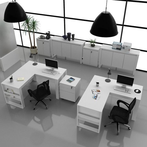Conjunto 7 Peças 2 Mesas L com 1 Gaveteiro 2 Balcões e 2 3 Portas Espresso Móveis Branco