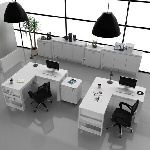 Conjunto 7 Peças 2 Mesas L com 1 Gaveteiro 2 Balcões e 2 3 Portas Espresso Móveis Branco