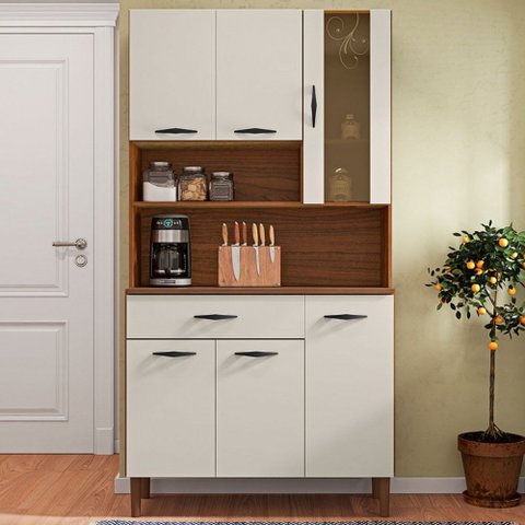 Armário de Cozinha com Balcão Star 6 Portas 1 Gaveta com Vidro Nogueira/off White - Pnr Móveis