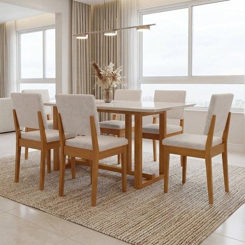 Conjunto Sala de Jantar 6 Cadeiras Tampo de Vidro Filadélfia Natural Cerejeira/Off White/Cinza