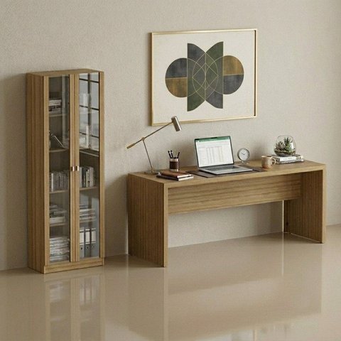 Conjunto de Escritório 2 Peças com Escrivaninha ME4185 e Armário ME4115 com 2 Portas de Vidro