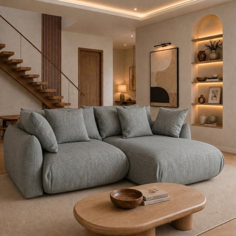 Sofá Cama Modular Orgânico Retrátil 4 Lugares com Almofadas 280cm Malibu