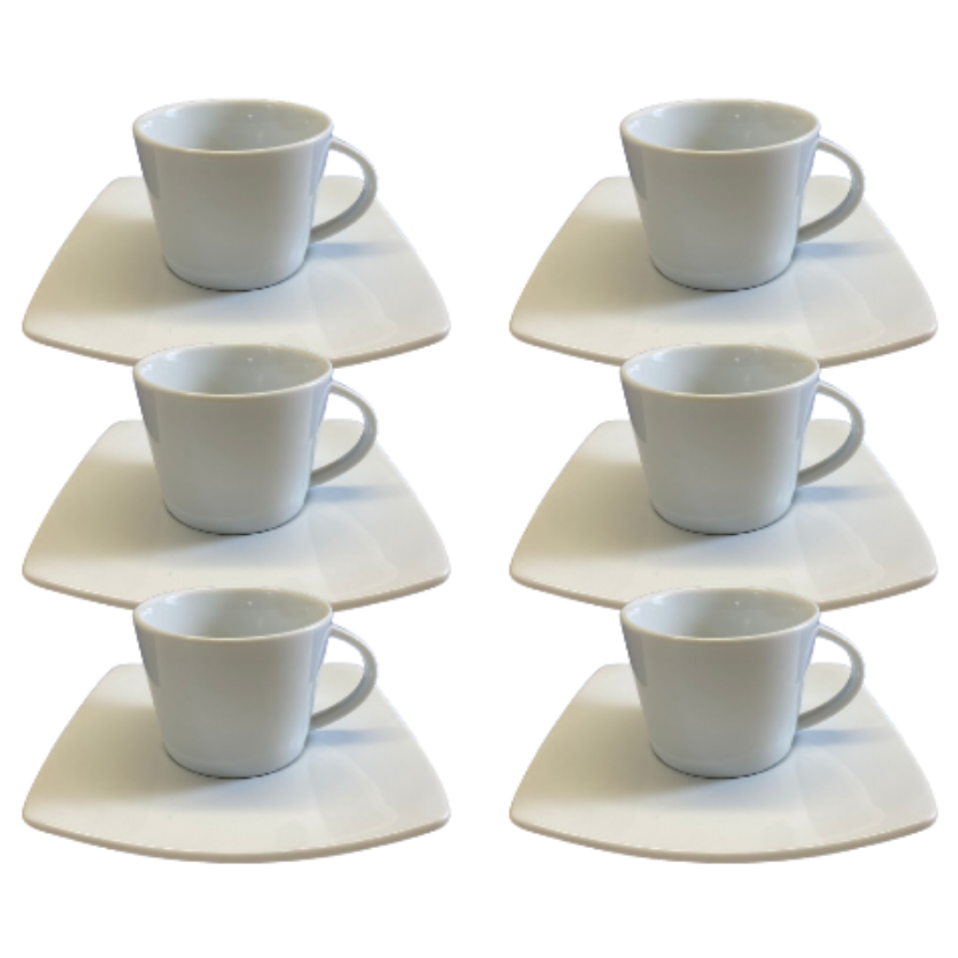 Kit Xícara de Café com Pires Oriental Porcelana Branca – 6 Peças