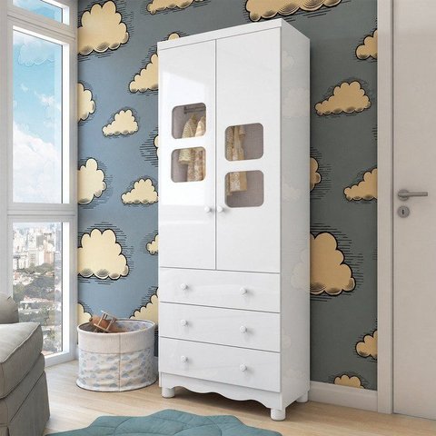 Guarda-Roupa Bebê 2 Portas 3 Gavetas com Janelas e Pés Mimo 100% MDF Espresso Móveis Branco