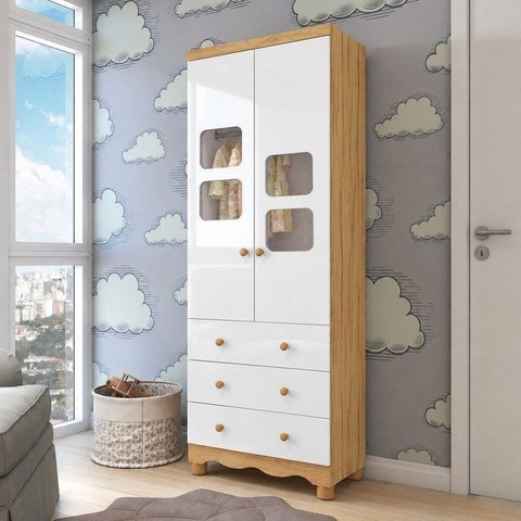 Guarda-Roupa Bebê 2 Portas 3 Gavetas com Janelas e Pés Mimo 100% MDF Espresso Móveis Amêndoa/Branco