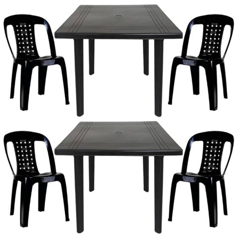 2 Mesas Quadradas Desmontáveis de Plástico 90cm Preta + 4 Cadeiras Vime Empilhável