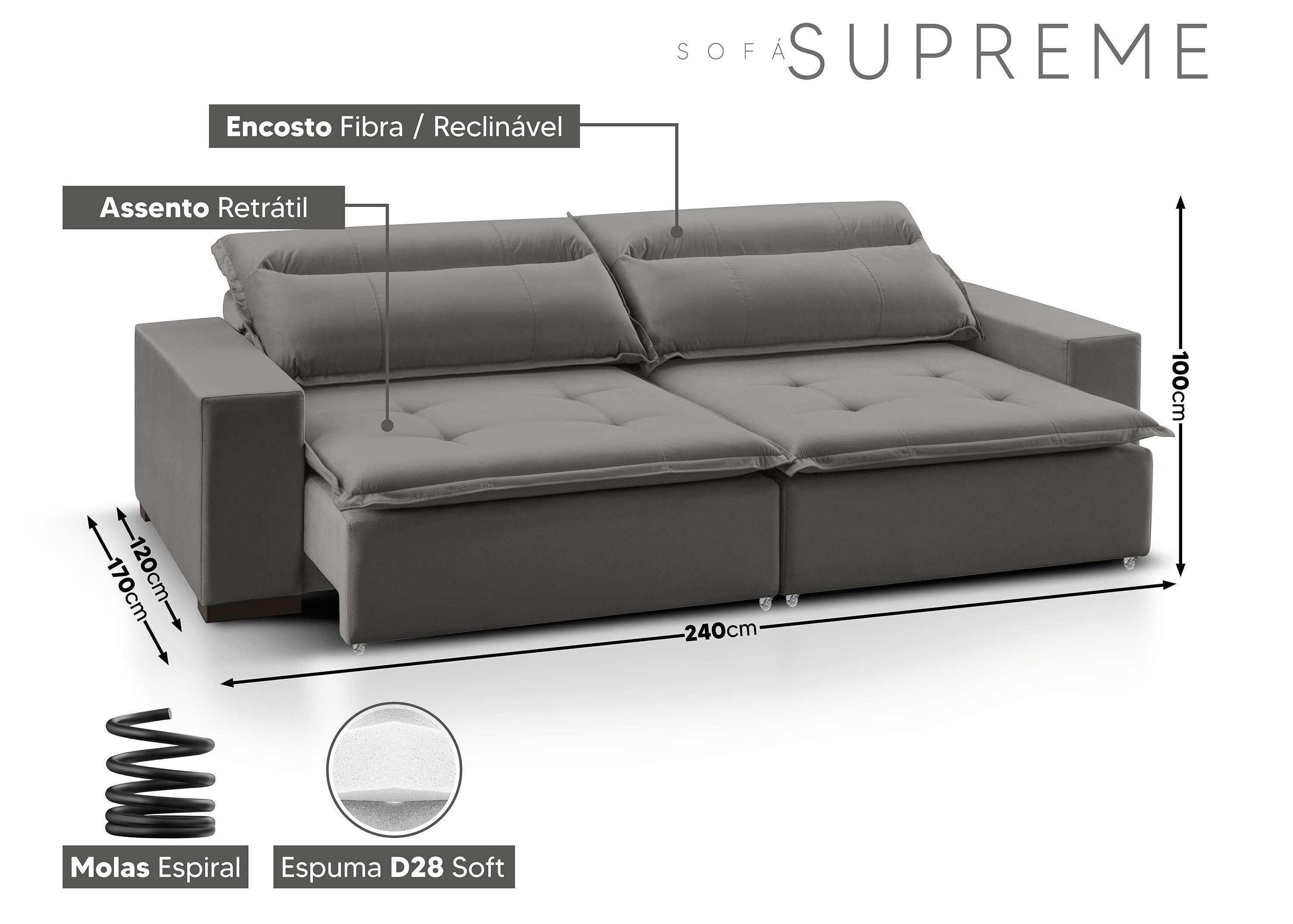 Sofá Supreme - Retrátil / Reclinável 240 Cm Veludo - 3