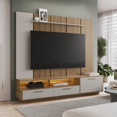 Rack com Painel para TV até 75 Polegadas e LED 1 Porta 2 Gavetas Multimóveis Crart-RCP003 - Mel/