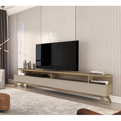 Rack para TV até 86 Polegadas MDF 217cm Pés em Madeira Maciça 2.2 com 3 Gavetas Vivare Wood