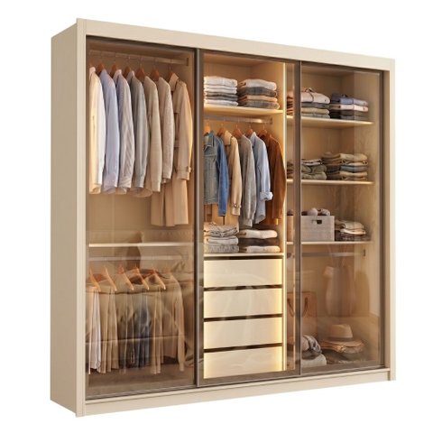 Guarda Roupas Casal 3 Portas de Correr Reflecta com LED 4 Gavetas Eva