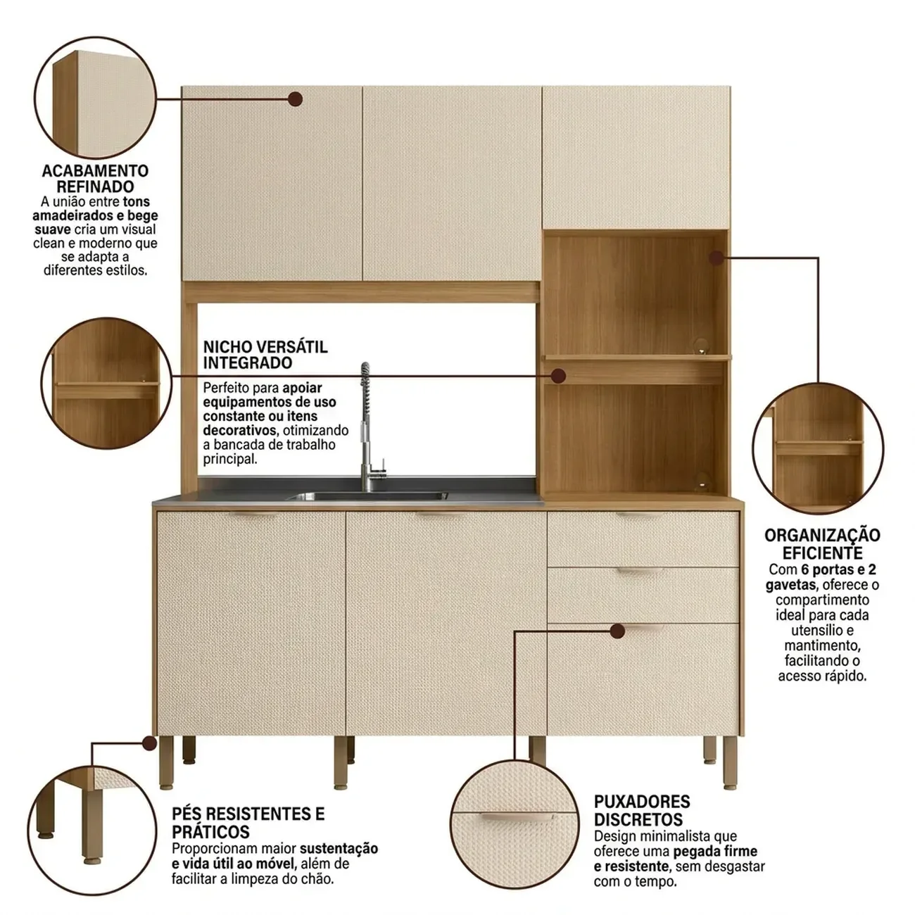 Ver imagem 5 de Cozinha Compacta 6 Portas 2 Gavetas Viva 179,3 cm Bege Freijó/Soft Bege