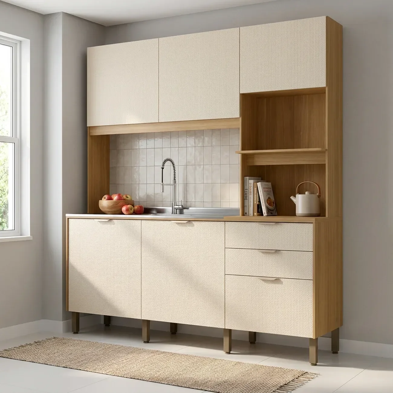 Cozinha Compacta 6 Portas 2 Gavetas Viva 179,3 cm Bege Freijó/Soft Bege