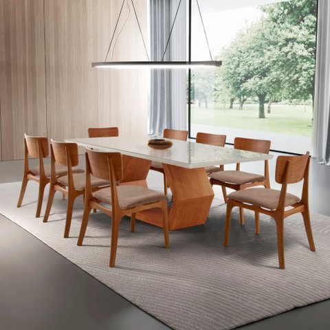 Sala de Jantar Mesa Ane 220cm Tampo Laqueado com Vidro Canto Moeda e 8 Cadeiras Viena Gold