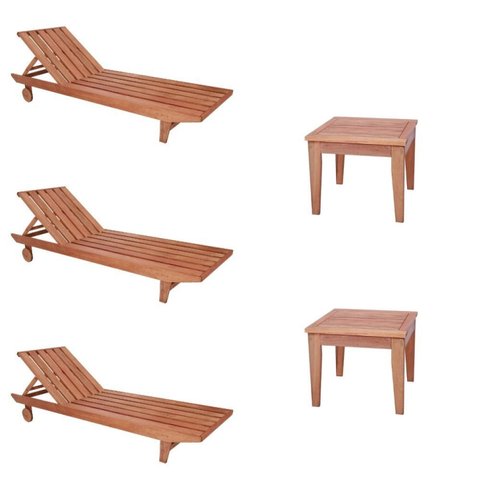 Conjunto 3 Espreguiçadeiras e 2 Mesinha de Centro para Jardim em Madeira Maciça