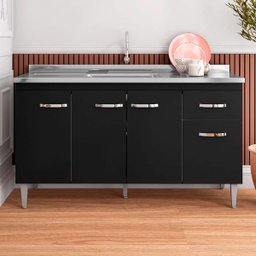 Balcão de Pia Cozinha 4 Portas Gabriela 150cm Preto sem Tampo Ajl Móveis - 3