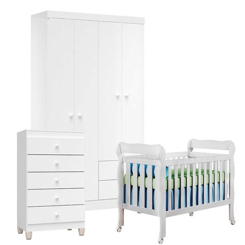 Quarto de Bebê 4 Portas com Gaveteiro Ternura Baby e Berço Lila Branco Brilho - Incorplac