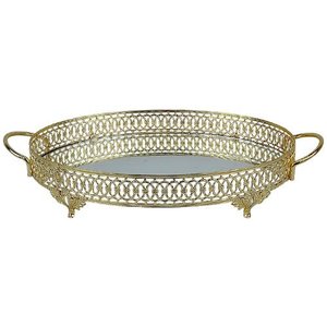 Bandeja Espelhada Oval Dourado - 7x33x51cm - Bandeja Clássica com Toque de Sofisticação - Elegante p