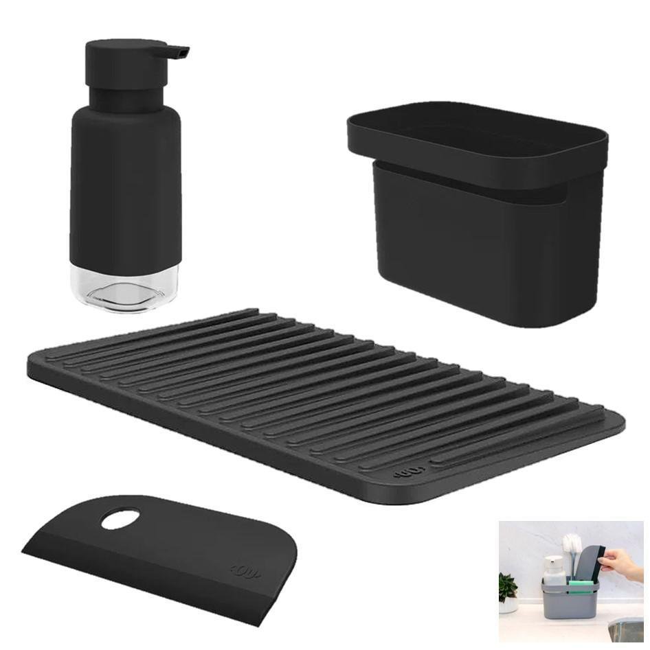 Kit Dispenser Porta Detergente Escorredor Rodo ou - Preto - 1