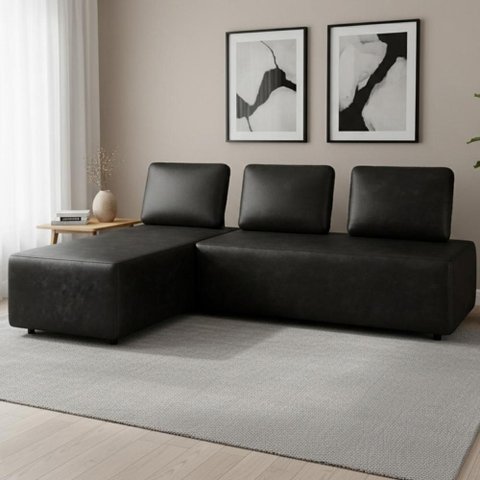 Sofá 3 Lugares com Chaise 222cm Rovier Sintético Preto Z32 - Mpozenato