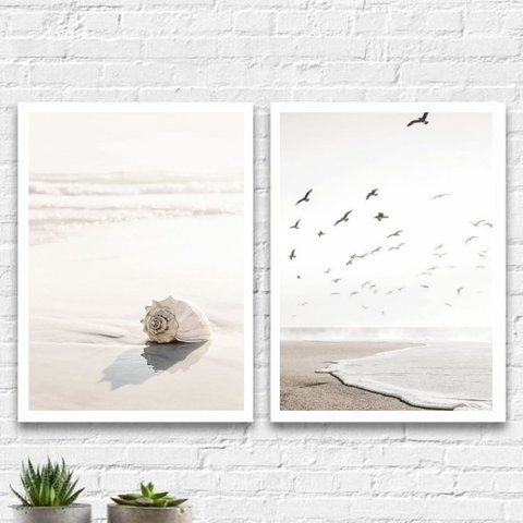 Kit 2 Quadros Decorativos Mar Nude 33x24cm - com vidro:Madeira preta