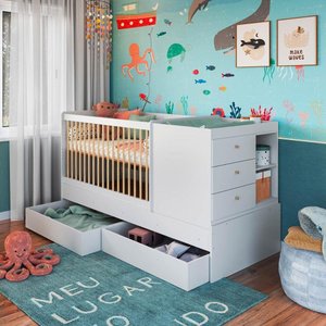 Berço Cama Multifuncional com Gavetões sem Colchão Linha Bb Branco Bb024 Completa Móveis