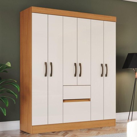 Guarda Roupa Solteiro Layla Pro 6 Portas 2 Gavetas MDP Cinamomo-Off White Casa 812