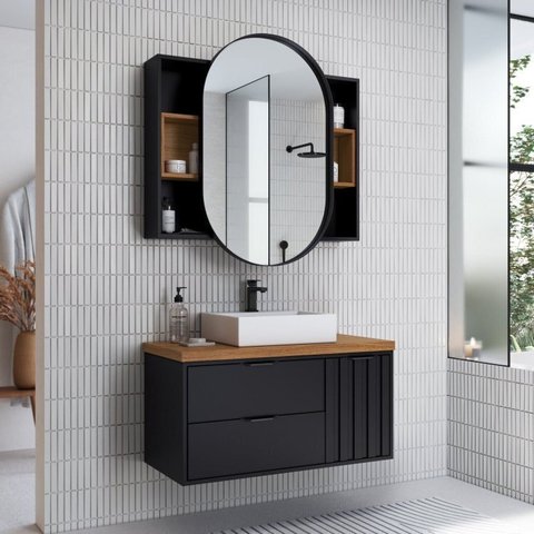 Conjunto para Banheiro Completo Montado 100% Mdf com Gabinete e Armário Espelheira Bianca 90cm  