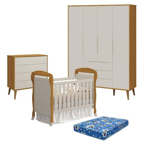 Quarto de Bebê 4 Portas com Cômoda Gaveteiro Elfe Retrô e Berço Americano Danny Areia Savana Acetina