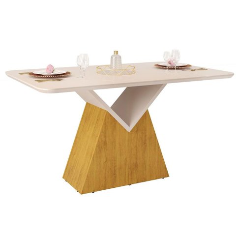 Mesa de Sala Jantar Argo C/tampo Madeirado Vidro Curvo 136x90cm Cedro/off White/off White - Dj Mó