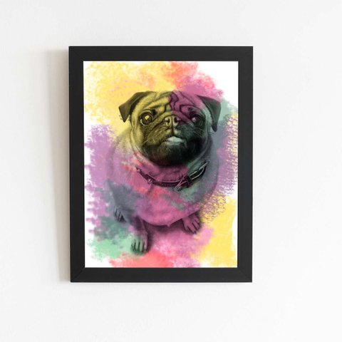 Quadro Cachorro Cão Pug Tinta Aquarela Moldura 30x40cm