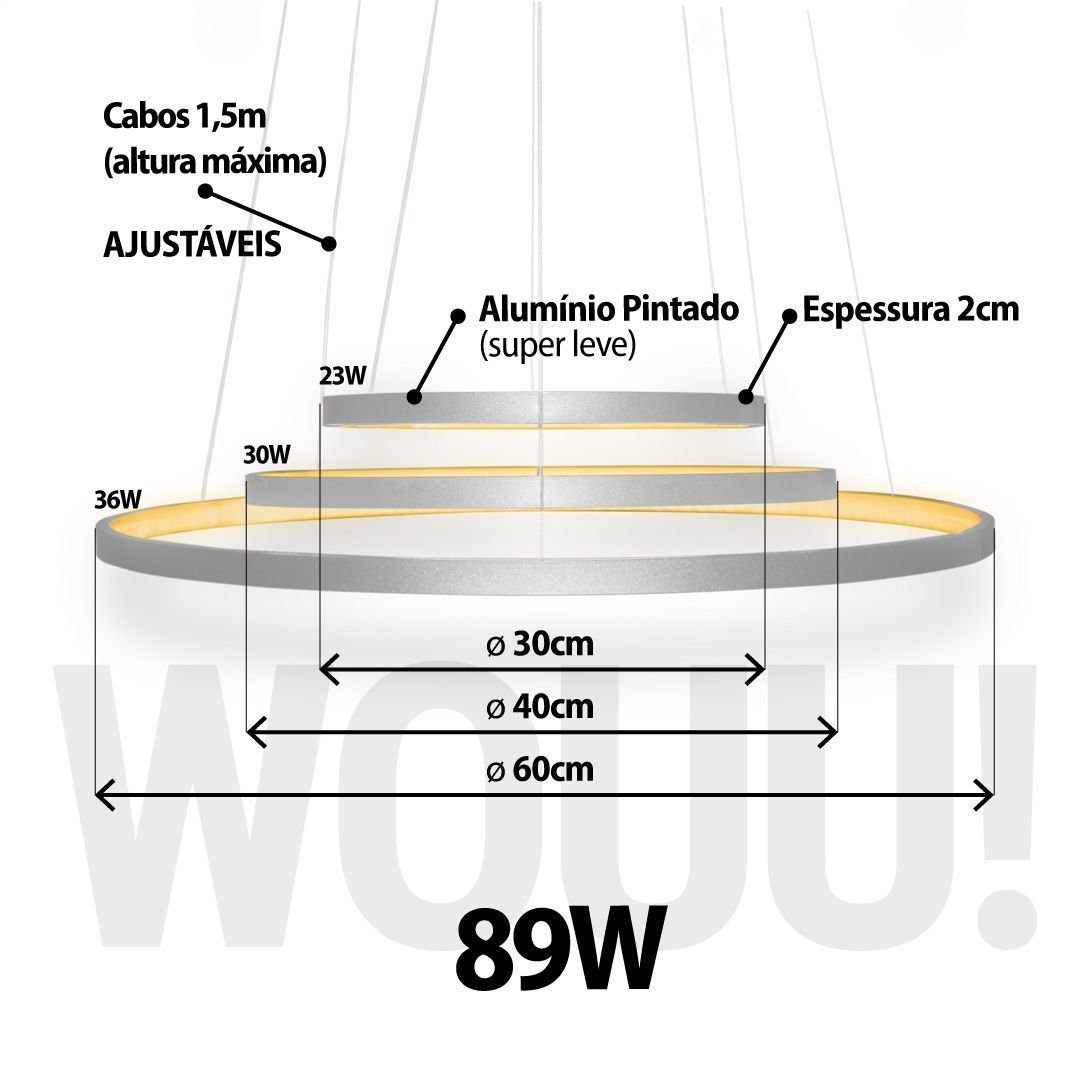 Lustre Pendente 3 Anéis 60cm Triarc 3 Arcos 110/220 Moderno Led Integrado - 9