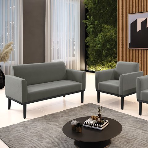 Conjunto Poltrona e Namoradeira Decorativa Isabella Pés Fixo em Madeira Preto Suede Grafite G19 - Gr